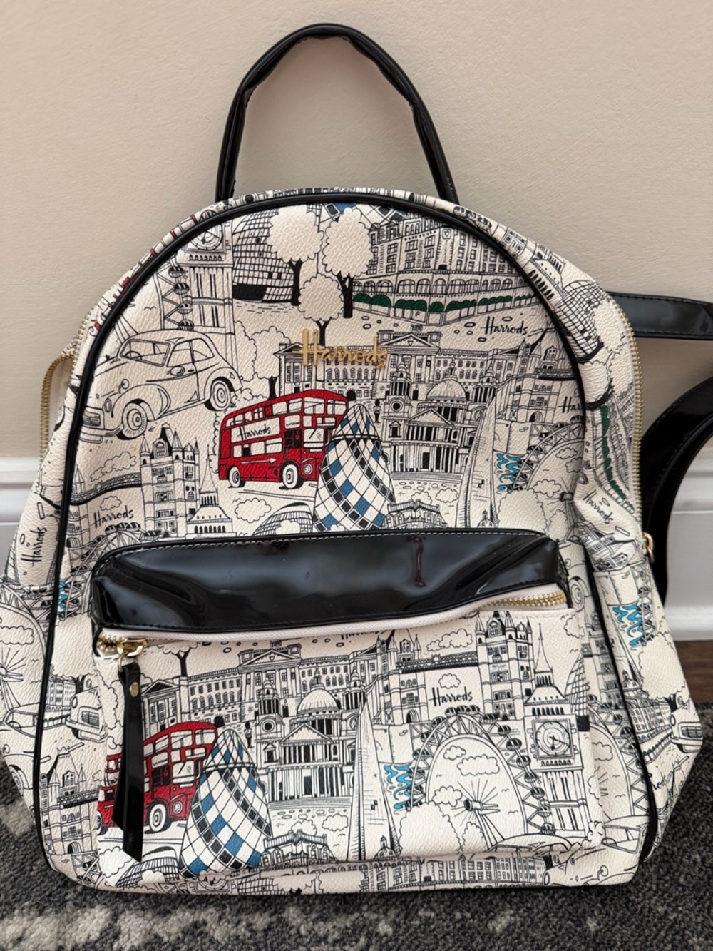 Harrods Cream Canvas London Print Backpack with Black Trim and Red Accents